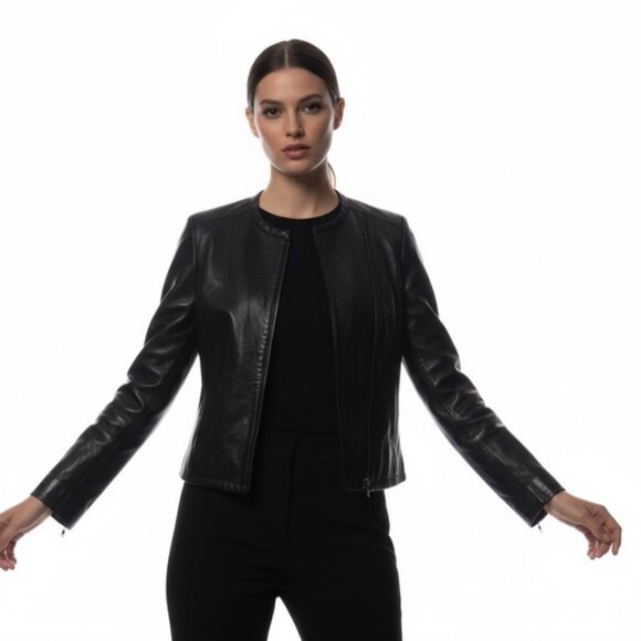 M0851 zip up leather moto jacket black women's size 0 - Picture 1 of 4